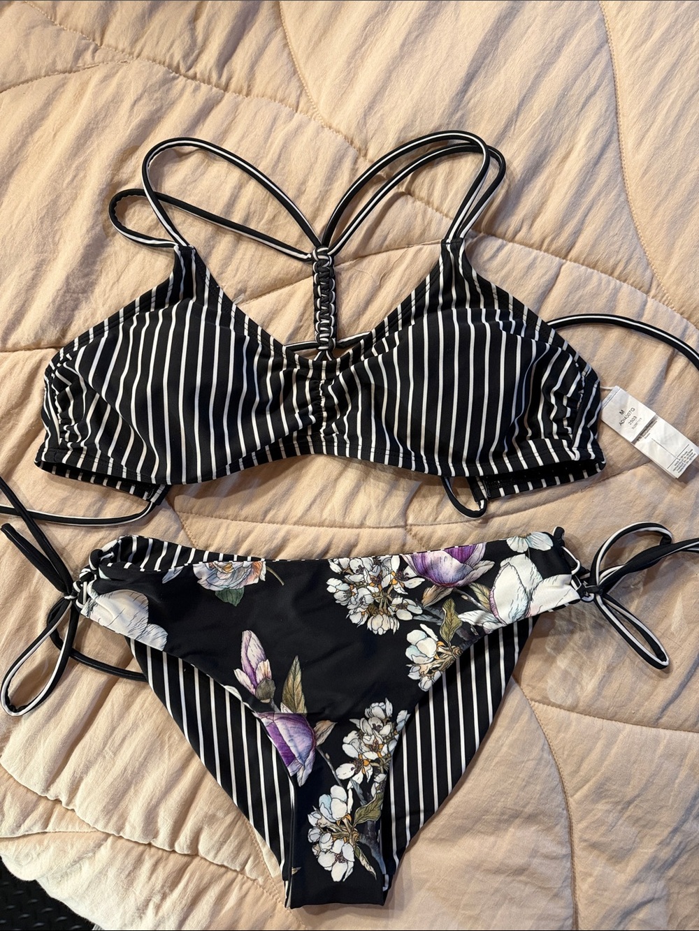 Cupshe Black & White Striped Floral Tie-Side Bikini